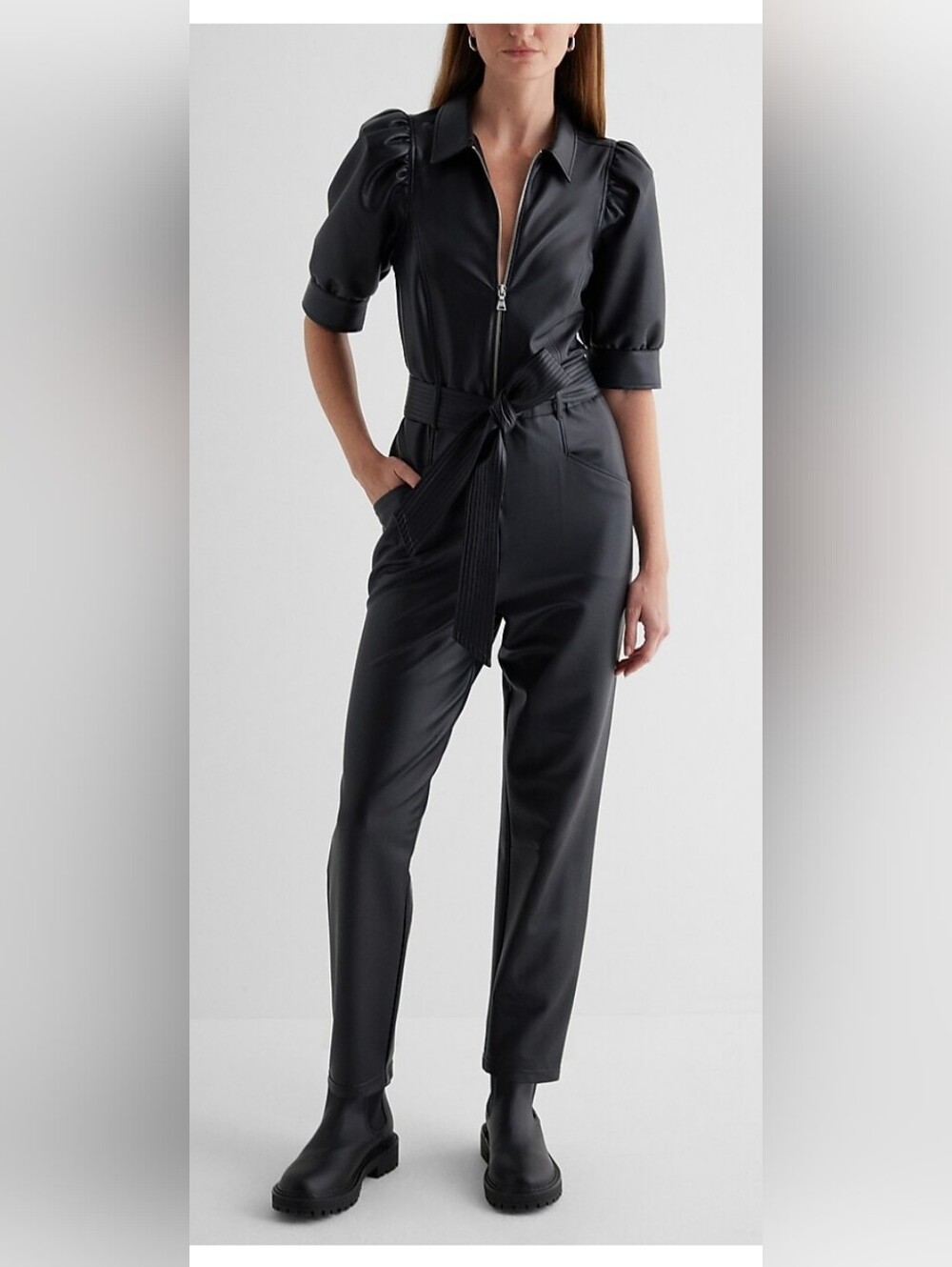 NWT!Express Fall Chic Faux Leather Women's Straight-Leg Belted Party Jumpsuit XS